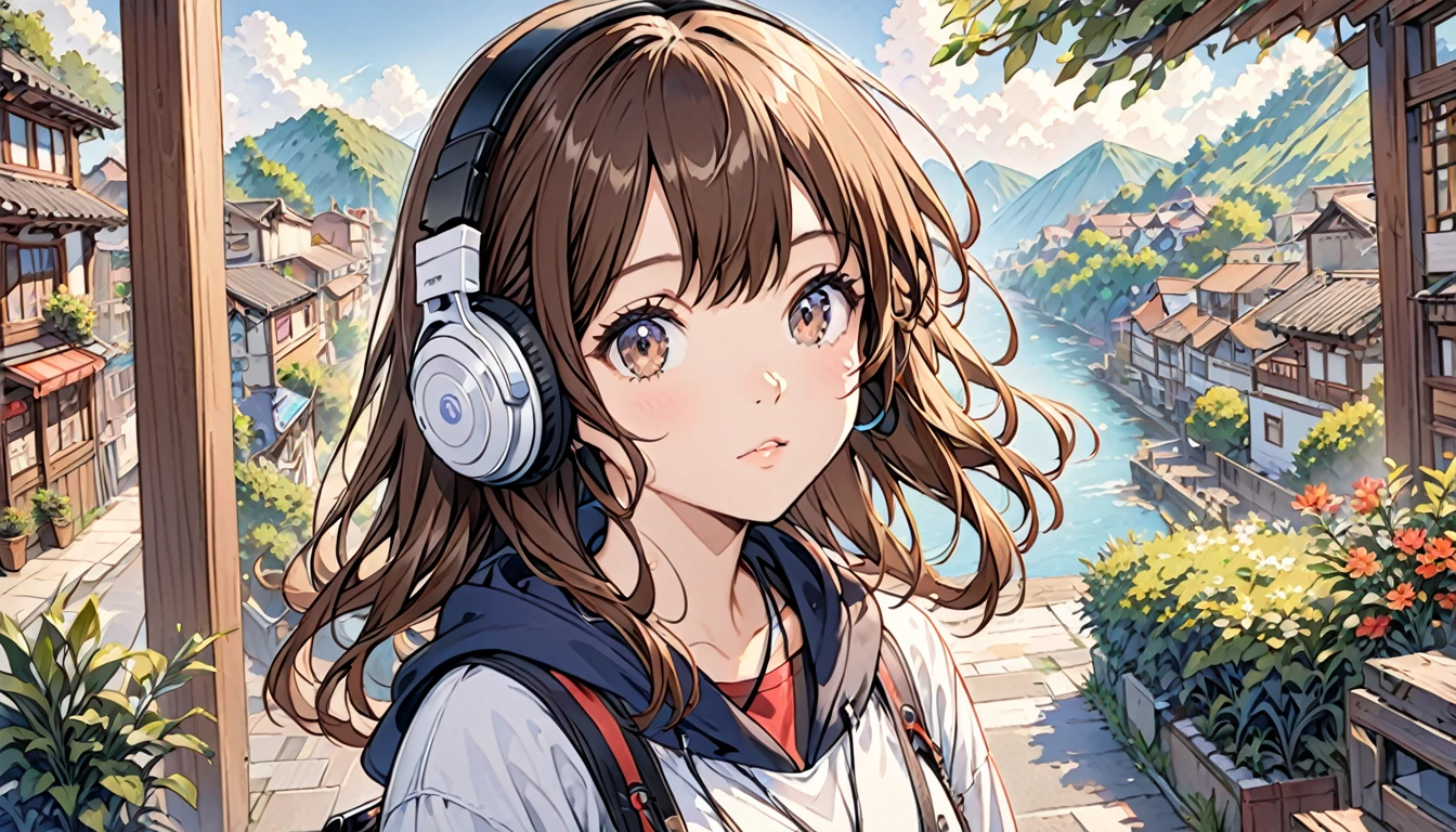  Girl wearing headphones,Brown Hair,1 person,Detailed Background