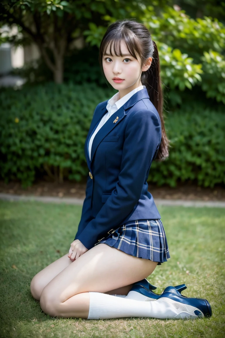 high detail、high quality、8K Photo、Japanese high school girls、One beautiful girl、In uniform、(Brown blazer、Blue checked pleated skirt、Navy blue knee socks、Brown Loafers、ponytail、Double eyelids、White panties)、(Sitting on the grass、Raise your knees and sit with your buttocks on the ground1.5)、(Between the legs in detail、Thighs、between legs、Front angle1.5、Angle from the ground1.5)