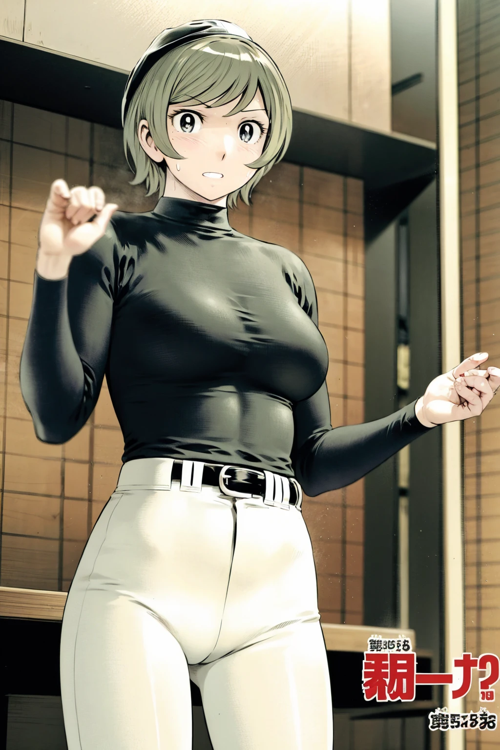 、(masterpiece、Highest quality)、Highest quality, Ultra-high resolution, (((masterpiece))), alone, Sweat、Big eyes,Tight black shirt、Tight white pants、belt、indoor、Composition from the front、(後ろCut your hair short、short hair、blonde、woman)、Shortcuts、Embarrassed face、Cut your hair short、可愛いwomanの子、Big Breasts、office、Baseball Cap
