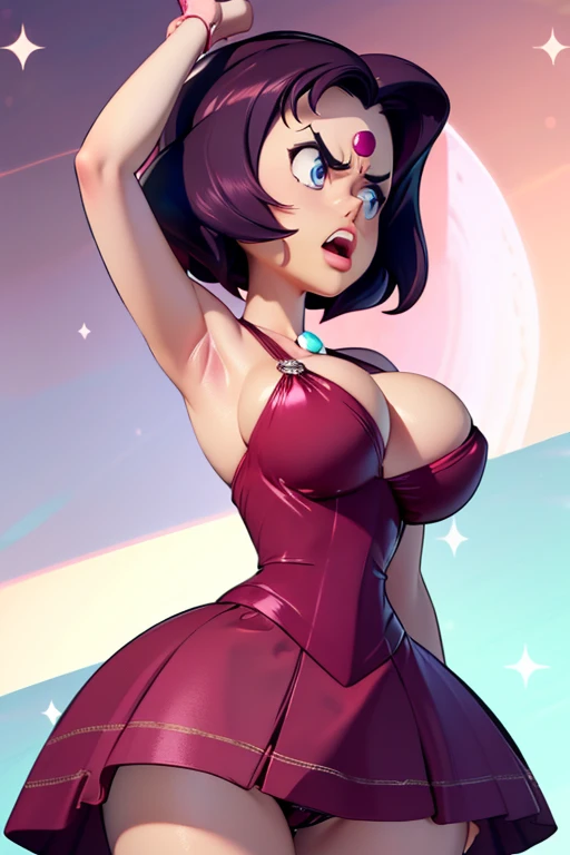 high resolution, steven Universe pearl, work of art, 1 girl, ((booba)), (angry face) , maroon hair, shorth hair,Broad Hips, thick thight, giant breasts, blue dress, huge giant round ass, Caucasian skin, niplles