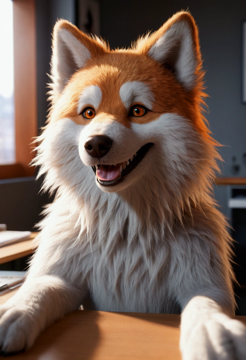 masterpiece, best quality, official art, Extremely detailed CG unified 8k wallpaper, overtakeDetails, Best Illustration, best shadow, perfect lighting,white fur, hairy male,hairy, Two-tone fur,striped hair, dog ears, animal ears,brown fur, bangs, orange hair, white hair, medium hair, Orange Eyes, alone,black pupils,Orange tail,hairy tail,tall and strong,Smile,toothy,solo,hairy,hairy tail,Detailed background,4K,CG beautiful,depth of field, perfect lighting, The highest quality of light particles),(masterpiece),(overtake,sharp focus,light particles,eyes,watching_exist_audience, Smile, alone, hairy,Endearing,Upper body, Sunlight, table,Sharp eyes,White teeth,Cheerful Smile,Upper body,office,table,window,optimistic,Serious yet dignified,only,young,overtake clear screen,soft lines,(overtakeDetails),depth of field, motion blur,Smile，Nude