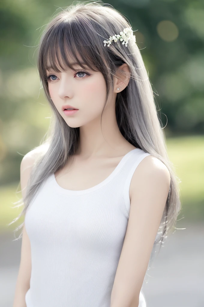 {{a extremely delicate and beautiful girl}}, {{extremely delicate and beautiful girl}}, {{{soft focus}}}, {{{perfect details}}}, {{{detailed and beautiful}}}, close shot, looking away, depthoffield, look up to, beautiful detailed fullbody, longuette, {{{woman}}}, young, Long hair, spiked hair, wept bangs, grey hair, Perfect face, ?, detailed beautiful eyes, white skin, piercing, harajuku fashion, sleeveless shirt, open clothes, landscapes, white background, blurry background, cinematic lighting, flowing transparent white, {{{best masterpiece}}}, {{{best quality}}}, {{{extremely detailed 8K wallpaper}}},
