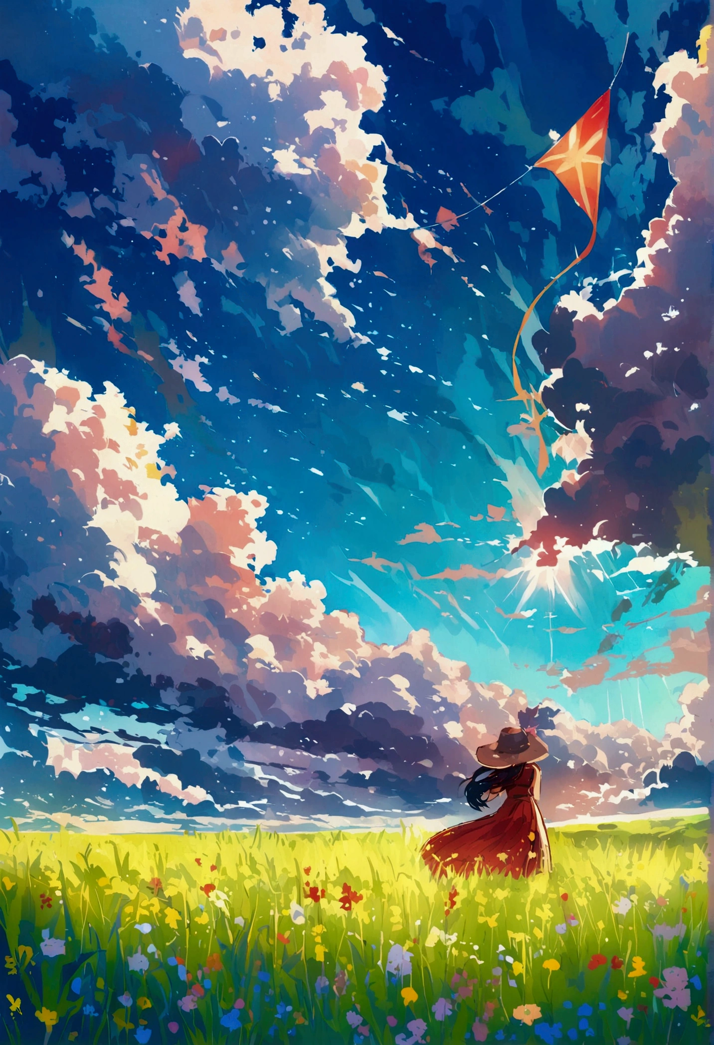 grassland,Kite,Rich colors,Illustration style