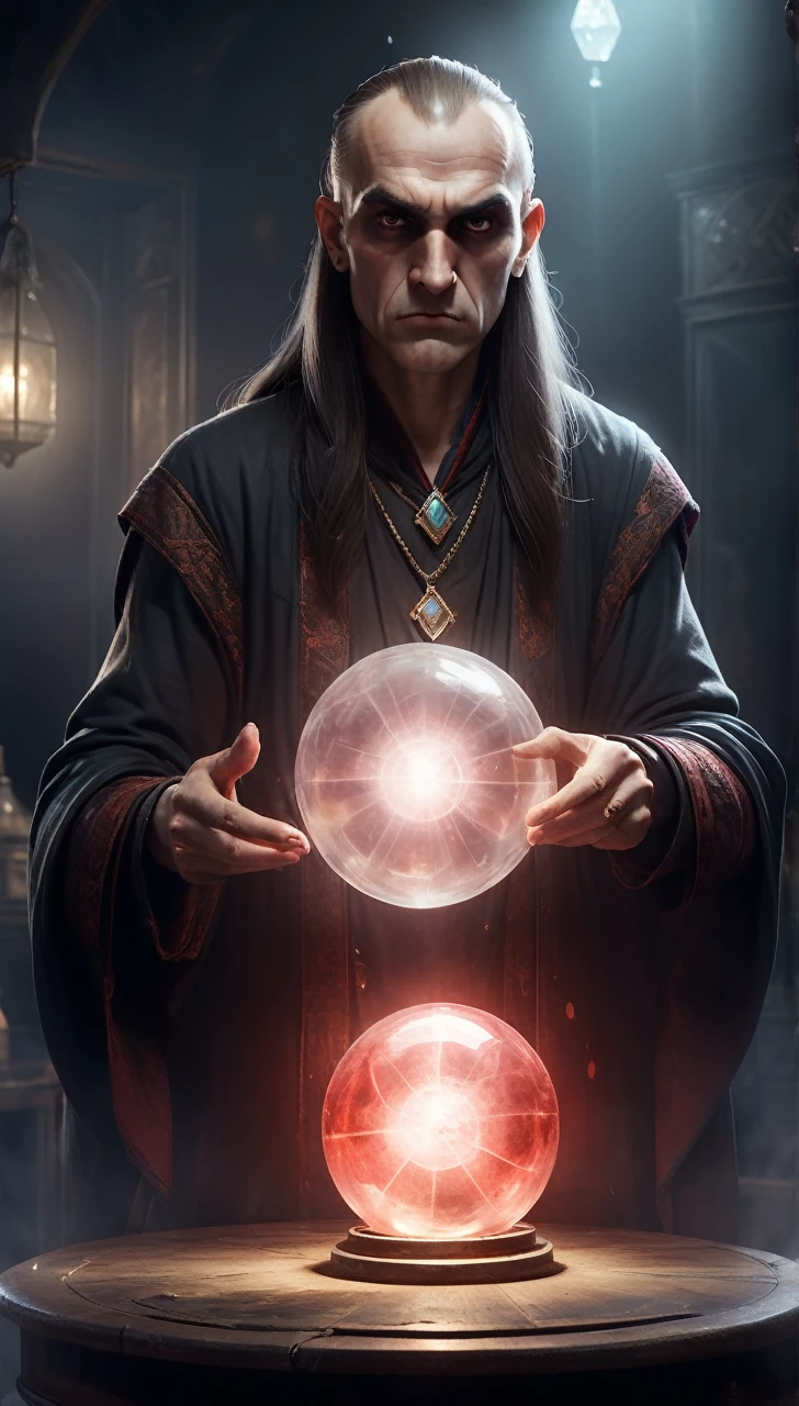 high resolution high quality Reality suspicious Giant fortune teller In front of a round crystal Intimidation Upper Body Looming metallic Transparency Facing forward suspicious雰囲気 Dark atmosphere Upper Body Close-up of face Skinhead Bloodshot eyes