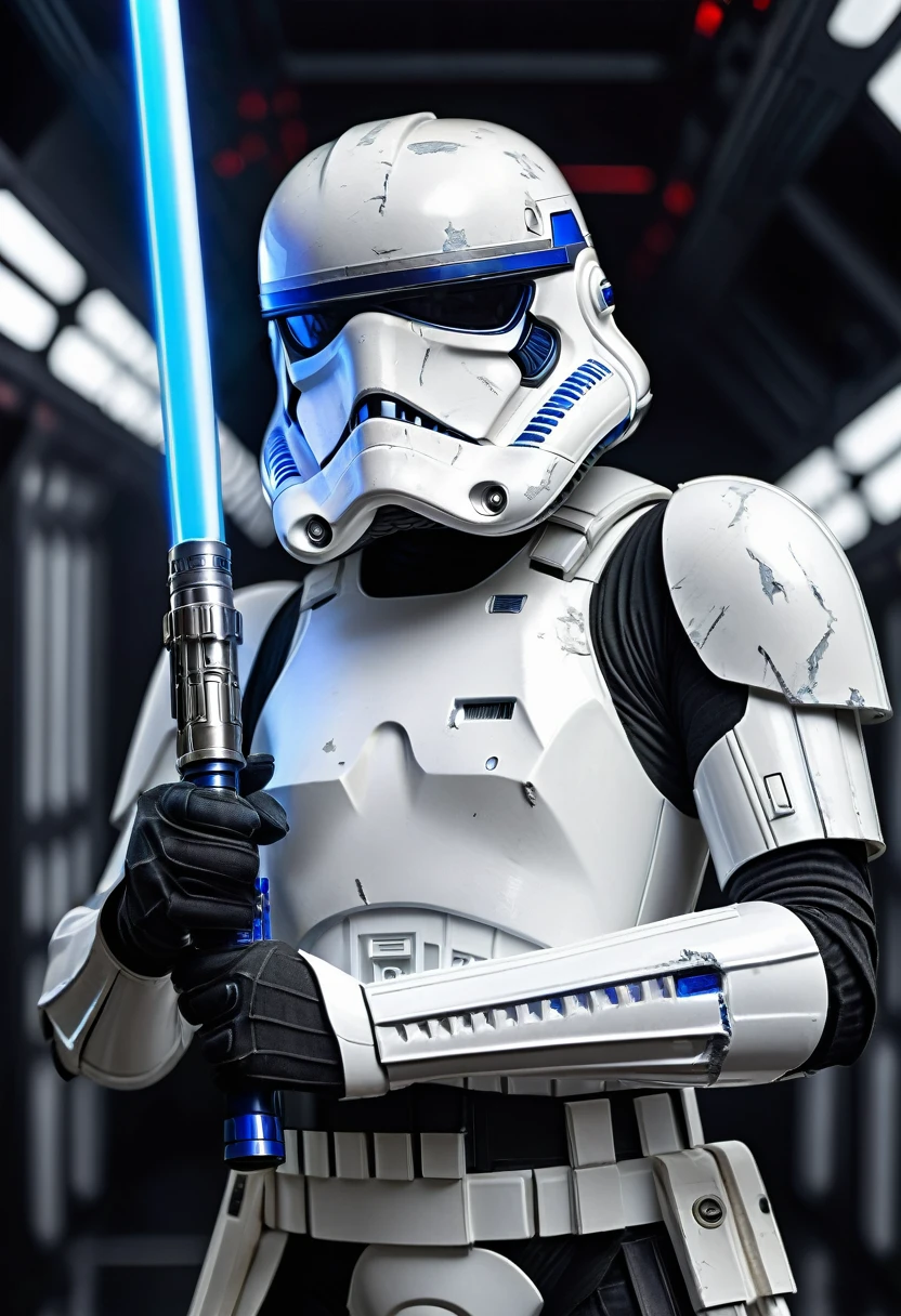 perfect hands, perfect finger,perfect anatomy, masterpiece, best quality,realistic, hyperrealistic, 16k hdr,1 mature female,,female white Stormtrooper in Star wars,damaged white full face helmet,damaged white armor,large breasts,(holding blue Light saber:1.2),fighting pose