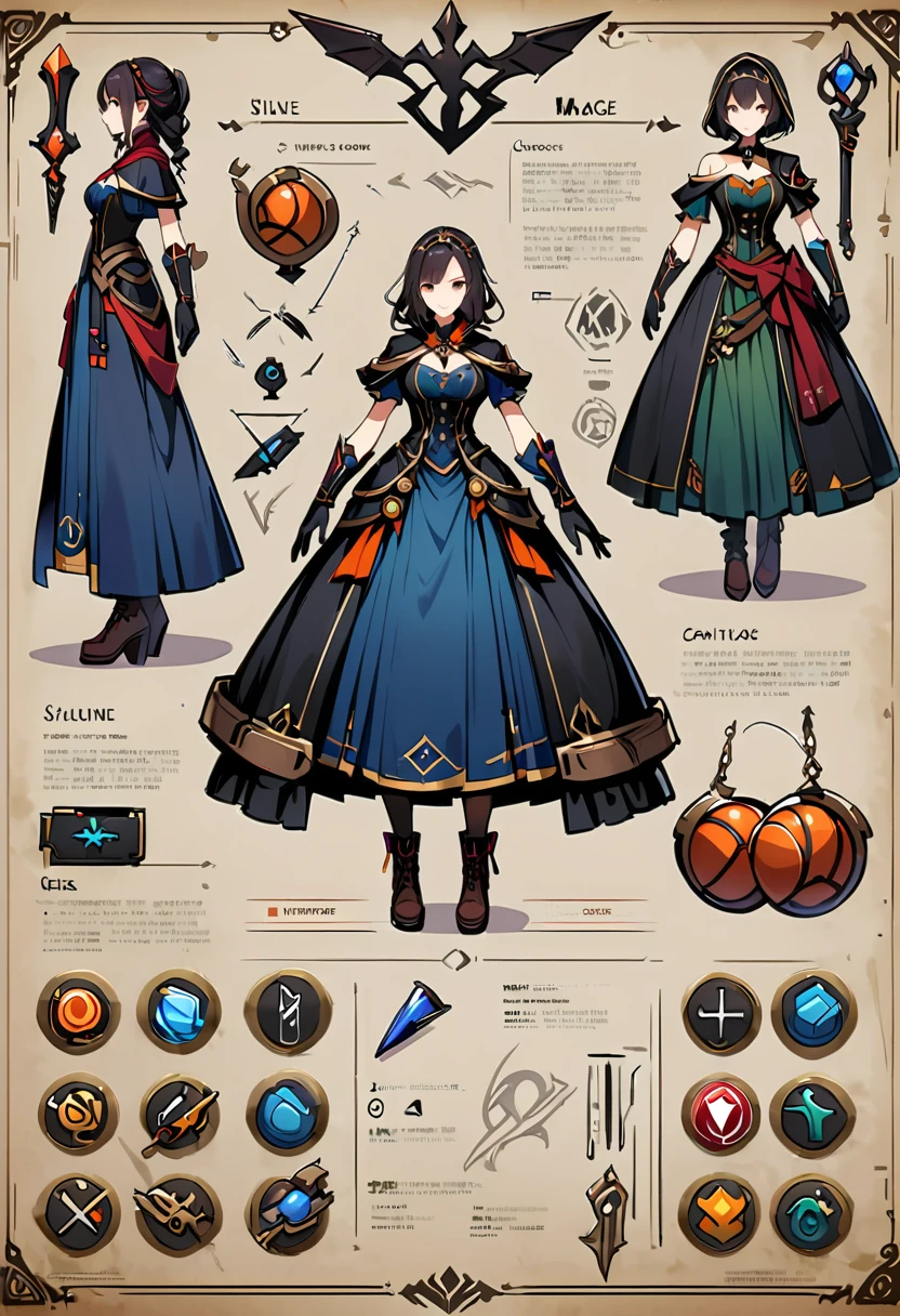 Framed Presentation of a mage, woman character design sheet for a video game with detailed accessories, shoes, multiple weapons, and dresses, Ball Gown, buttons to customize the character to your liking, staffs