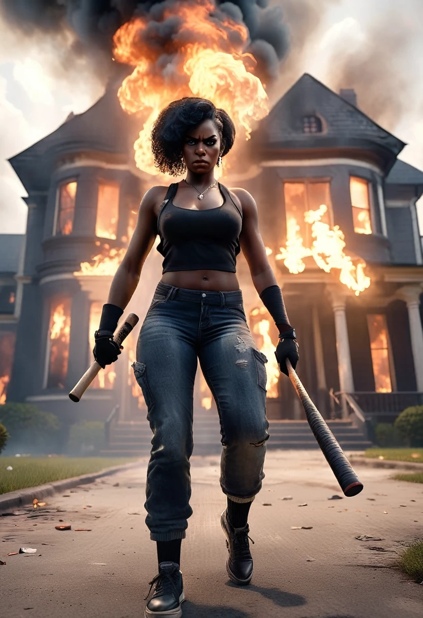 Angry black woman with a baseball bat, walking towards the viewer, burning mansion in the background with huge smoke, angry, 32k, ultra HD, unreal engine rendered, cinematic lighting