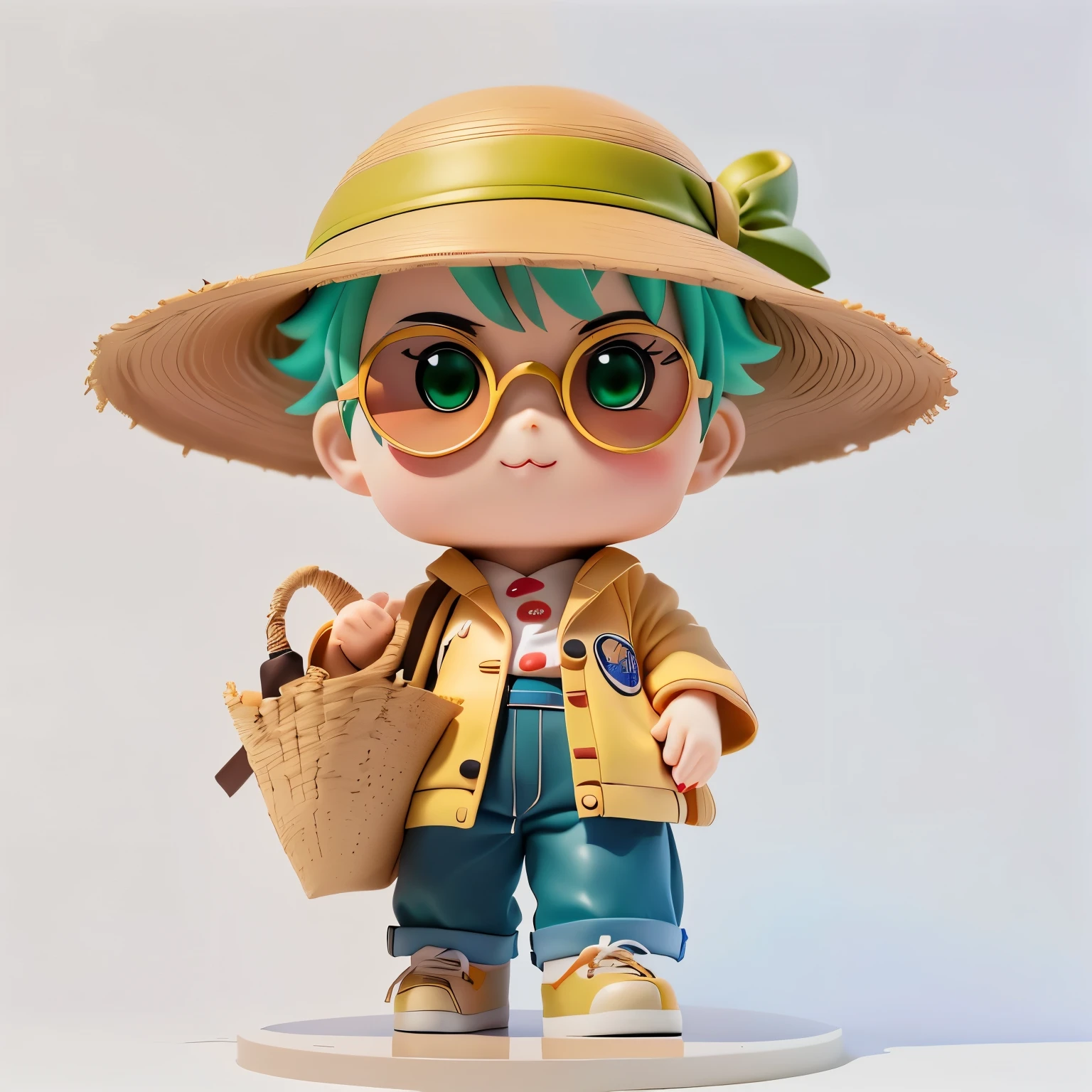 Smile，Close-up of a man in a hat and sunglasses, anime boy walking on white ground，Run sideways，Smile，Character with hat,There are ears of rice on the hat，karate，Rice ears in hand， Animated Characters, wearing straw hat, its name is green, kenny wong x pop mart,  Inspired by Eiichiro Oda, vinyl toy figurine, Anime style， 8K，Cute 3D rendering，Lovely characters, High quality detailed art in 8K，Lovely art style，Anime style4 K