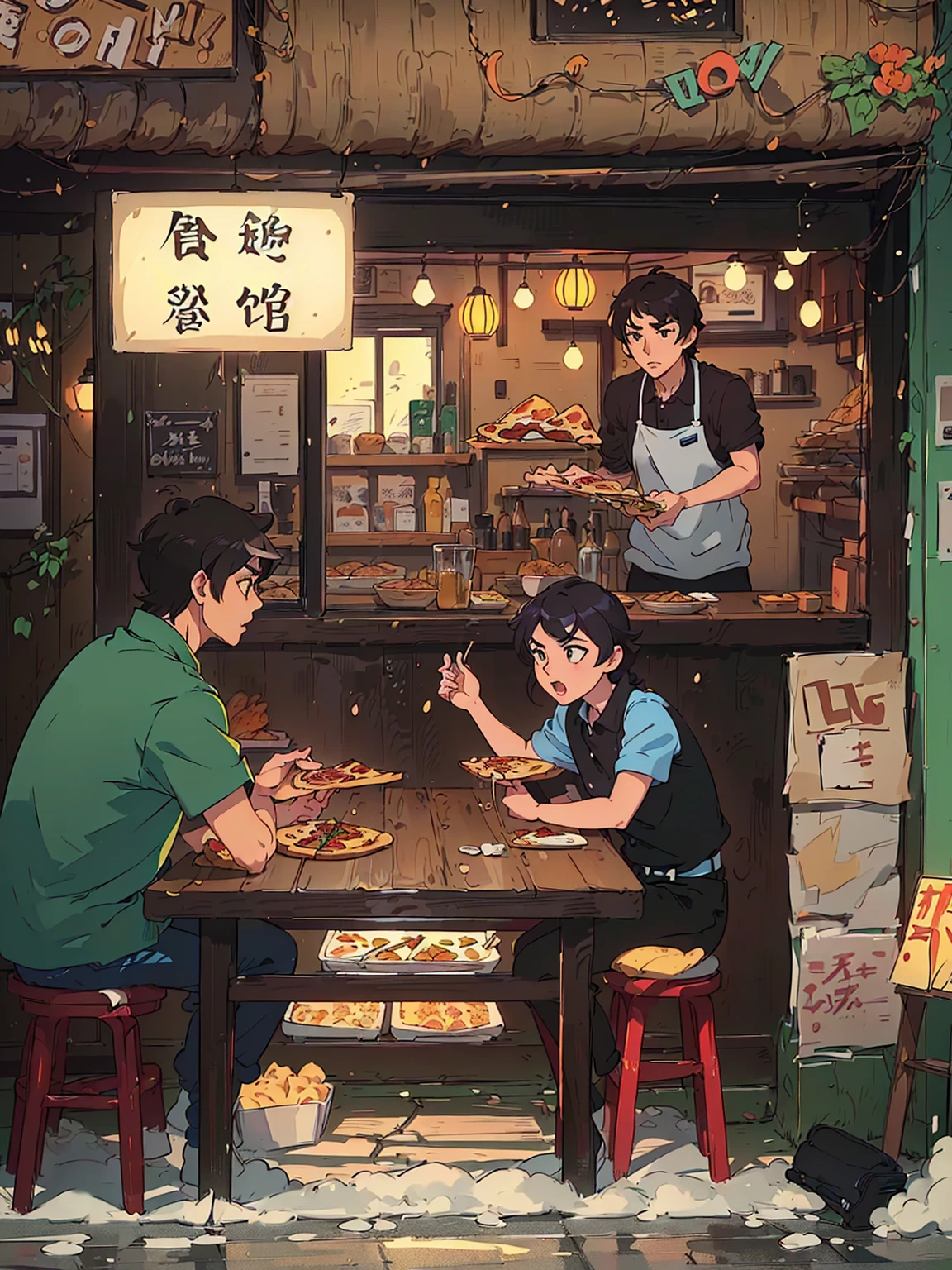Cartoon scene of a man and a woman eating pizza in a restaurant, ( ( Shinkai Makoto ) ), commend art, Shinkai Makoto. — 2160 hours, commend, commend artstyle, style of Shinkai Makoto, studio glibly Shinkai Makoto, author：Shinkai Makoto, in style of Shinkai Makoto