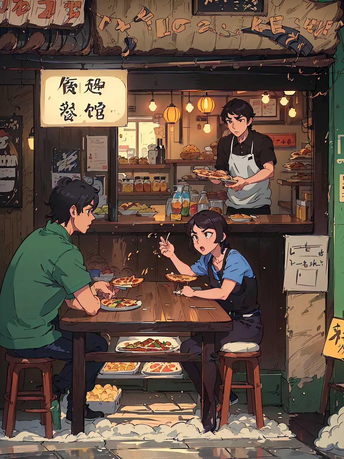 Cartoon scene of a man and a woman eating pizza in a restaurant, ( ( Shinkai Makoto ) ), commend art, Shinkai Makoto. — 2160 hours, commend, commend artstyle, style of Shinkai Makoto, studio glibly Shinkai Makoto, author：Shinkai Makoto, in style of Shinkai Makoto