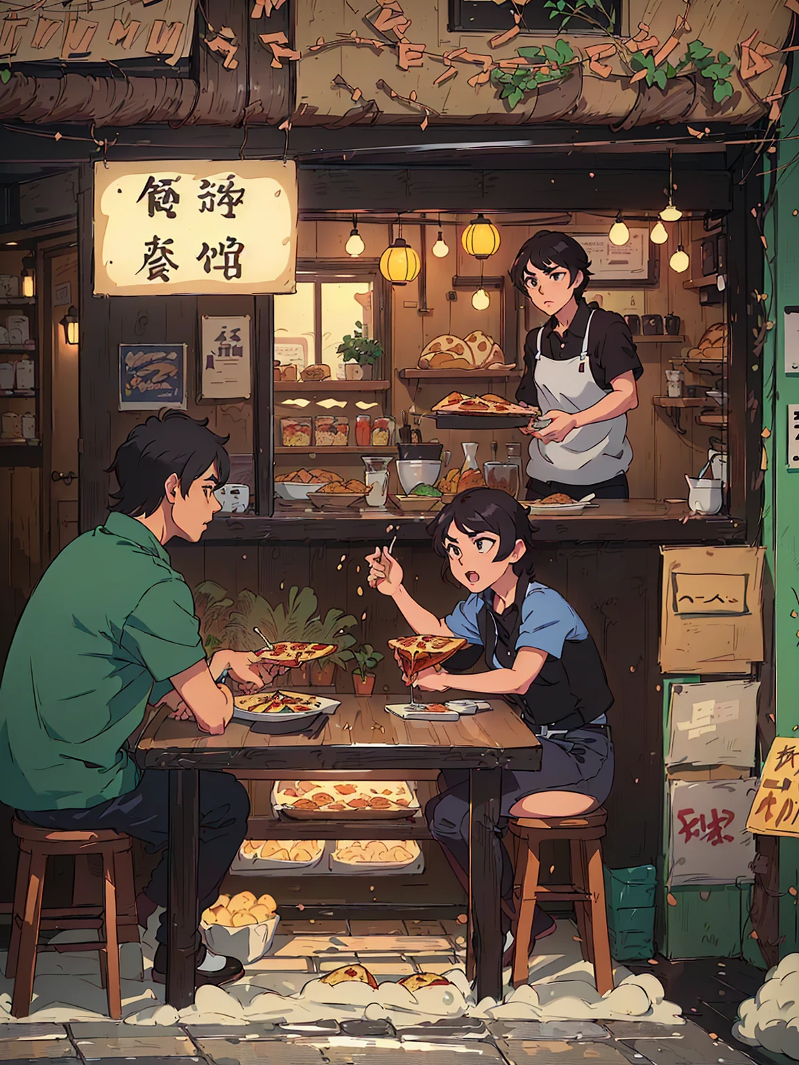 Cartoon scene of a man and a woman eating pizza in a restaurant, ( ( Shinkai Makoto ) ), commend art, Shinkai Makoto. — 2160 hours, commend, commend artstyle, style of Shinkai Makoto, studio glibly Shinkai Makoto, author:Shinkai Makoto, in style of Shinkai Makoto