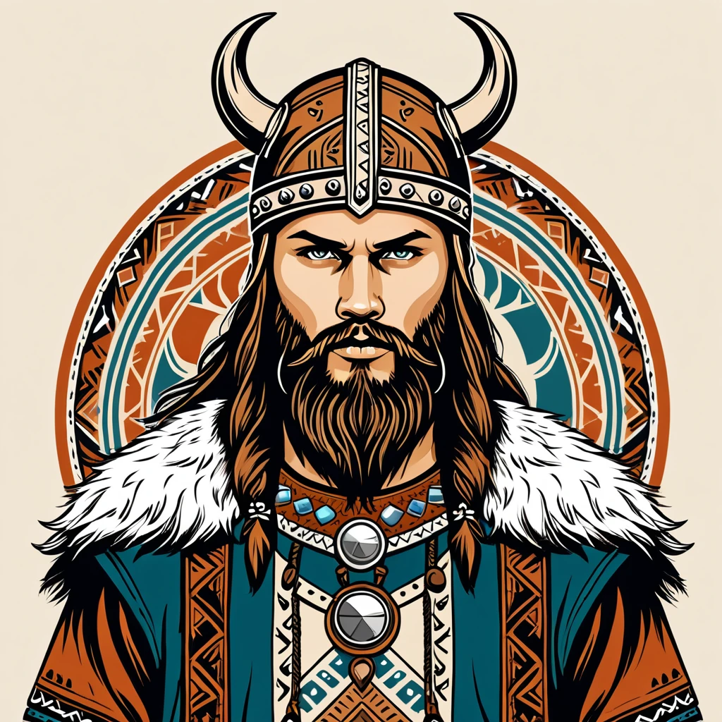 man in native viking folk outfit, vector graphics, strong contours