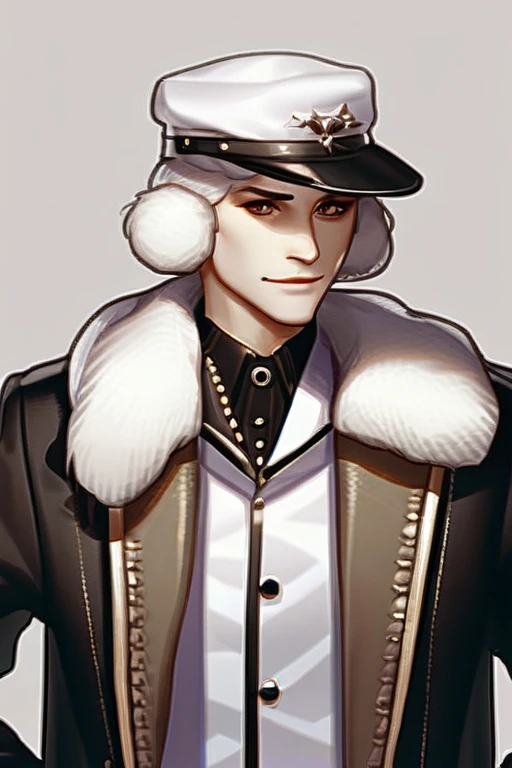 ((Лучшее качество)), ((шедевр)), (подробный), grandfather in a jacket with a fur hood and a hat with earflaps