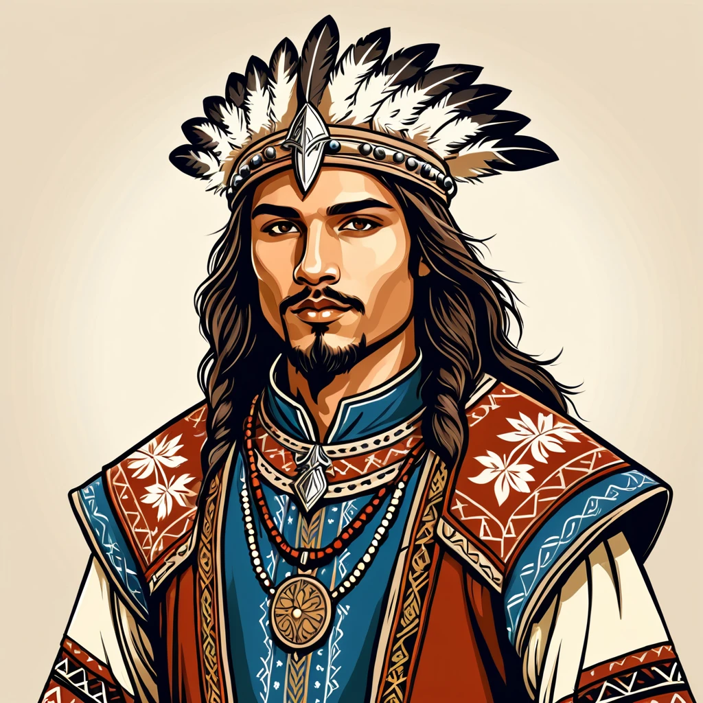 man in native medieval folk outfit, vector graphics, strong contours