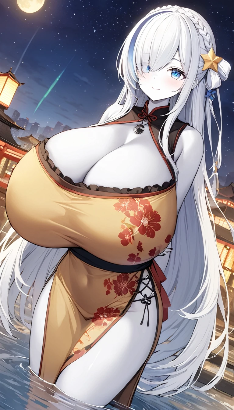 blue_streaked_hair,hair_over_one_eye, blue_eyes,very long hair,braid,white hair_ornament,white skin,black nail_polish, solo,1girl, aerial_fireworks, architecture, aurora, bridge, building, city_lights, cityscape, cloud, constellation, crescent_moon, earth_(planet), east_asian_architecture, festival, fireflies, fireworks, flower, fountain, full_moon, galaxy, hair_ornament, horizon,(dress, china_dress, gigantic breasts:1.2),lantern, light_particles, looking_at_viewer, milky_way, moon, moonlight, night, night_sky, obi, onsen, outdoors, paper_lantern, planet, reflection, sash, shooting_star, sky, skyline, skyscraper, smile, snow, snowing, solo, space, sparkle, standing, star_(sky), star_(symbol), starry_background, starry_sky, starry_sky_print, summer_festival, sunrise, tanzaku, telescope, torii, tower, twilight,wading, water,arms behind back,finger polish
