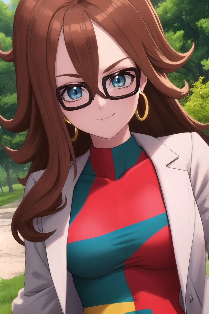 android21, 1girl, solo, blue eyes, brown hair, long hair, curly hair, hair between eyes, jewelry, hoop earrings, glasses,
checkered dress, two-tone dress, multicolored dress, tight dress, turtleneck, black pantyhose, labcoat, long sleeves,
smile,closed mouth,cowboy shot,
forest,outdoor,
(insanely detailed, beautiful detailed face, masterpiece, best quality) cinematic lighting,