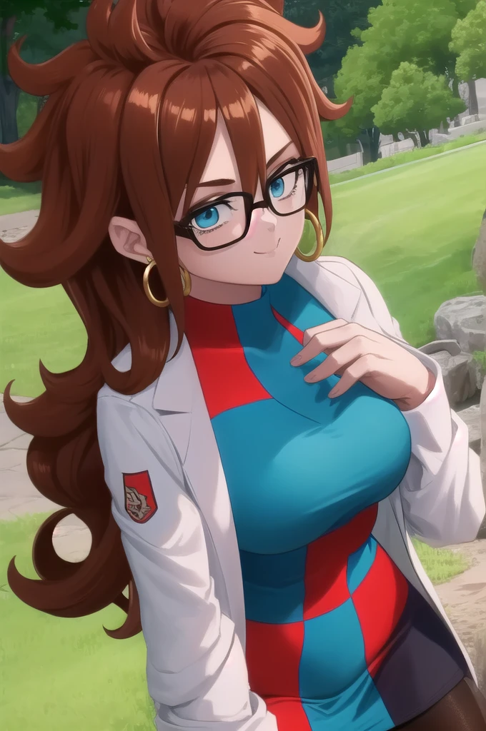 android21, 1girl, solo, blue eyes, brown hair, long hair, curly hair, hair between eyes, jewelry, hoop earrings, glasses,
checkered dress, two-tone dress, multicolored dress, tight dress, turtleneck, black pantyhose, labcoat, long sleeves,
smile,closed mouth,cowboy shot,
forest,outdoor,
(insanely detailed, beautiful detailed face, masterpiece, best quality) cinematic lighting,