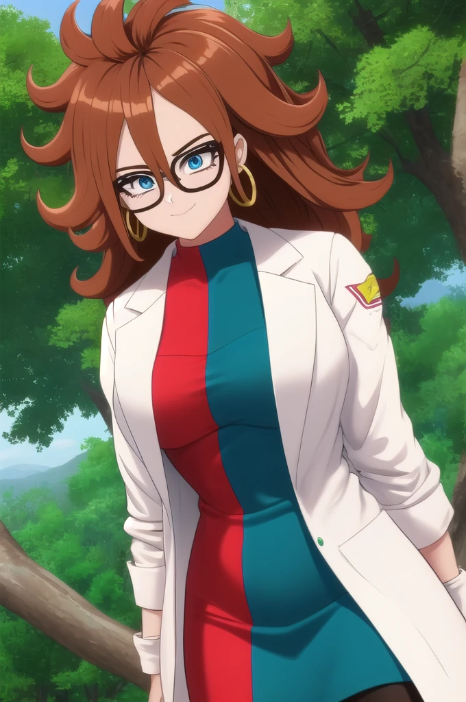 android21, 1girl, solo, blue eyes, brown hair, long hair, curly hair, hair between eyes, jewelry, hoop earrings, glasses,
checkered dress, two-tone dress, multicolored dress, tight dress, turtleneck, black pantyhose, labcoat, long sleeves,
smile,closed mouth,cowboy shot,
forest,outdoor,
(insanely detailed, beautiful detailed face, masterpiece, best quality) cinematic lighting,