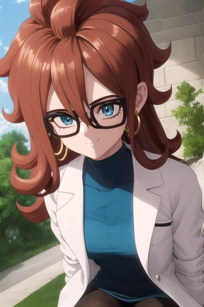 android21, 1girl, solo, blue eyes, brown hair, long hair, curly hair, hair between eyes, jewelry, hoop earrings, glasses,
checkered dress, two-tone dress, multicolored dress, tight dress, turtleneck, black pantyhose, labcoat, long sleeves,
smile,closed mouth,cowboy shot,
forest,outdoor,
(insanely detailed, beautiful detailed face, masterpiece, best quality) cinematic lighting,