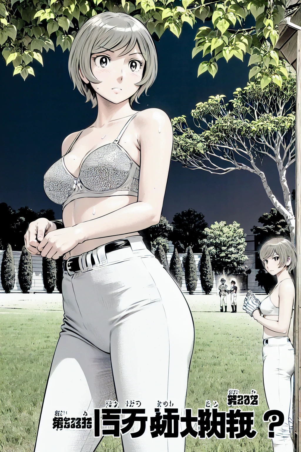 (Baseball uniforms:1.2),
blonde, (short hair:1.2),White trousers、Black belt、((Illustration of people))、Tube top bra、
View your viewers,, (Highest quality:1.3), White pants、Outdoor、baseball ground、ground、soil、blue eyeasterpiece、Highest quality)、Highest quality, Ultra-high resolution, (((masterpiece))), alone, Sweat、Big eyes、Large breasts、Torn clothes、 Fully exposed、Nipples、One Girl, Front view、Embarrassed face、Bronze colored hair、((short hair))、Stand up straight、Cowboy Shot
