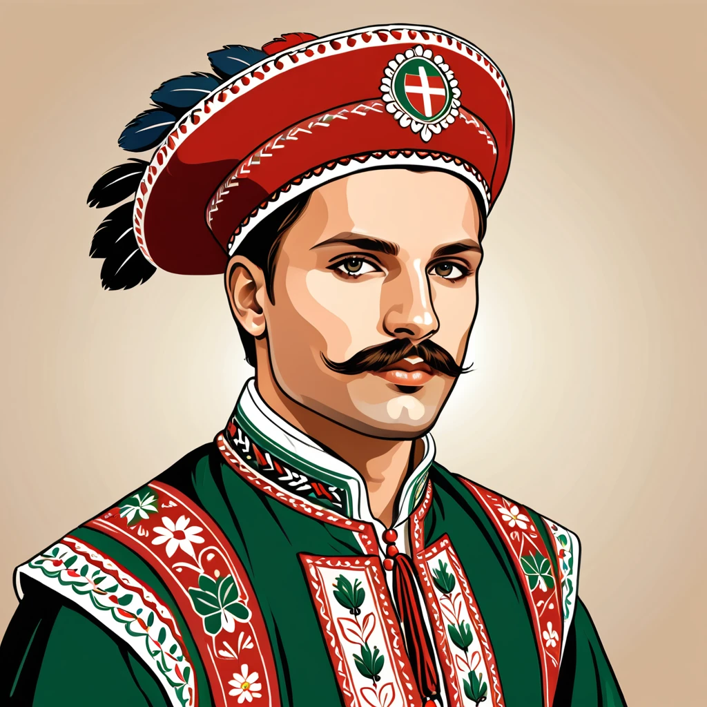 man in native hungarian folk outfit, vector graphics, strong contours
