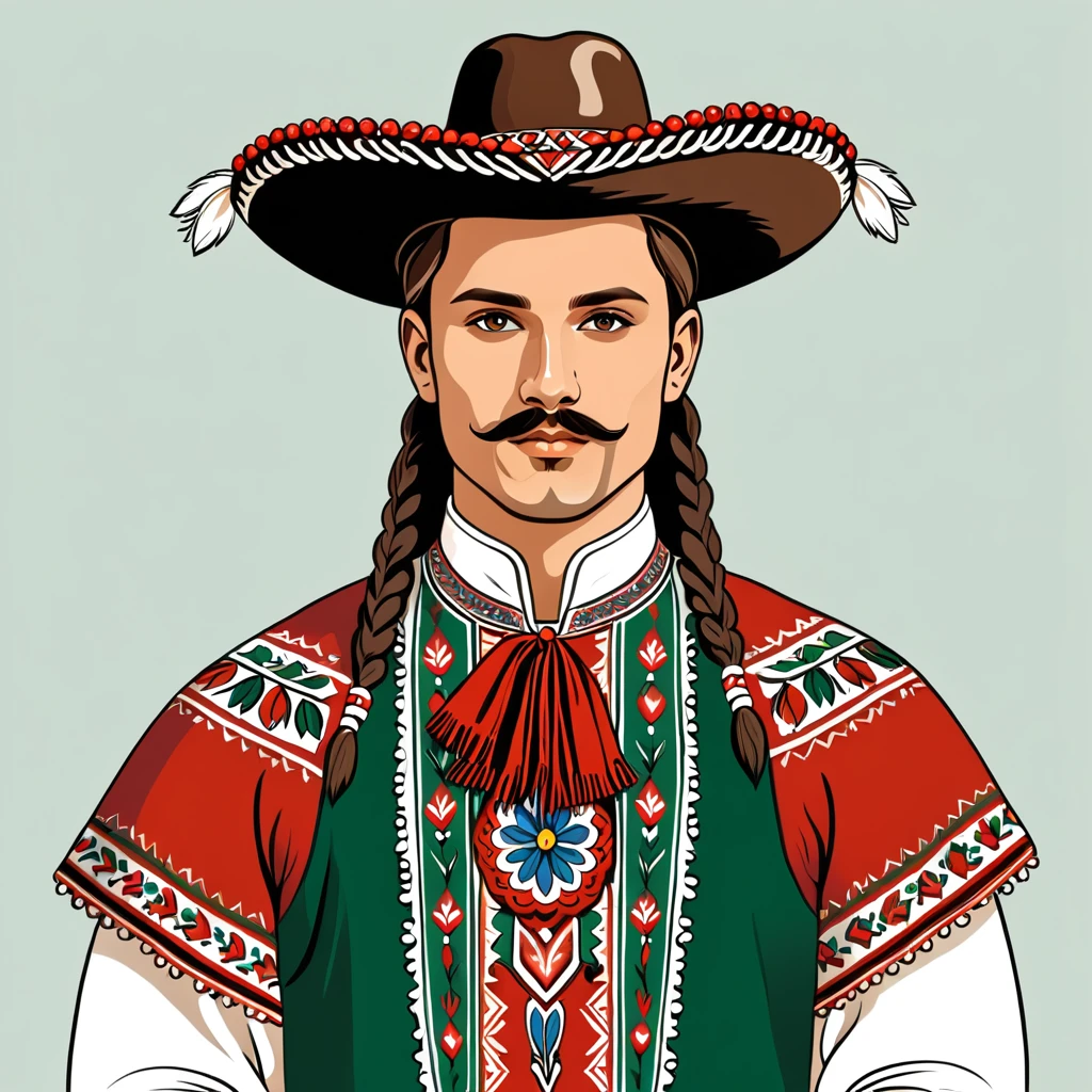 man in native hungarian folk outfit, vector graphics, strong contours