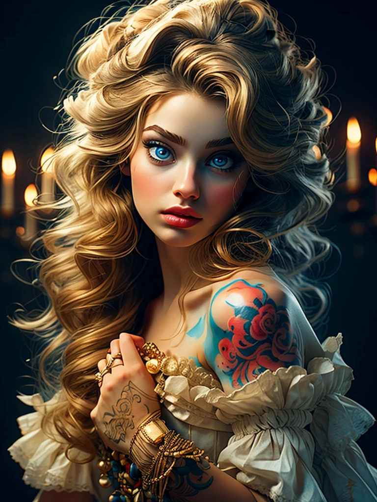 masterpiece, medium full shot, an ultra hot gorgeous European woman. Age 23. (golden hairs), (beautiful blue seductive eyes), (tribal tattoo on hands), White, Orange and Blue colors, Foggy background, Graceful pose, (looking at viewer), (front view),(bokeh:1.2),  sultry look, seductive,
