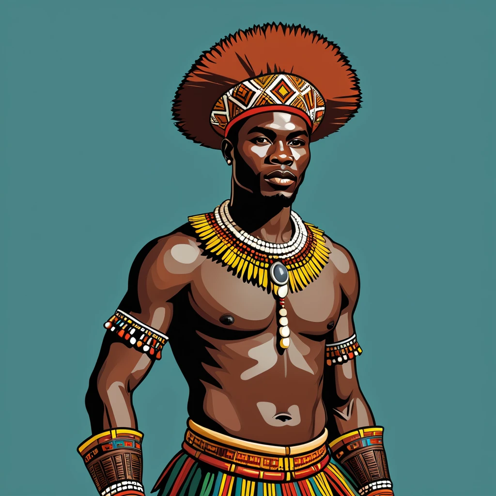 man in uganda folk outfit, vector graphics, strong contours