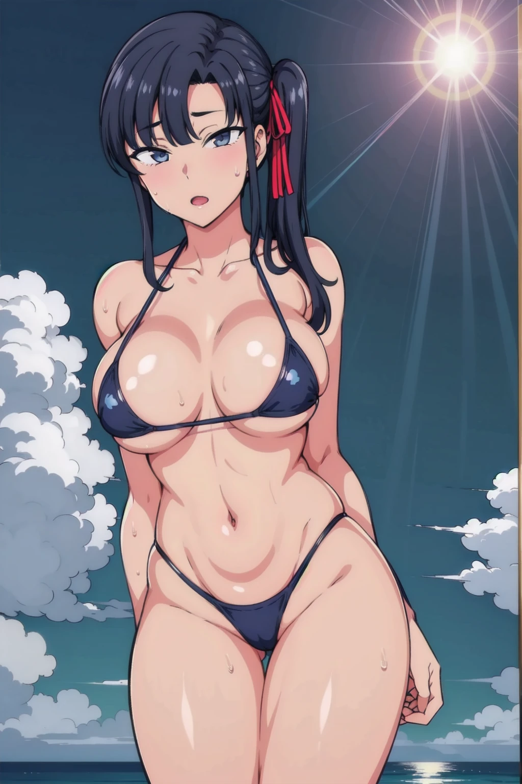 Narrow waist,Black_hair,hair_ribbon,side ponytail,Bangs,looking at the viewer, Bikini,blue theme, blue background, cloudy sky, sunlight, sweat, orgasmic,swimsuit,collarbone, thighs, sea,