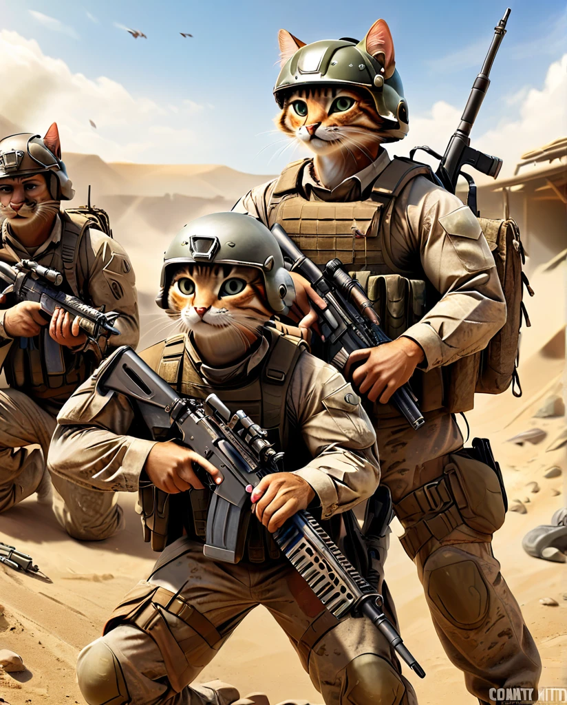 high quality Combat training kitten(Personification) He has a rifle. wearing a helmet Together with friends