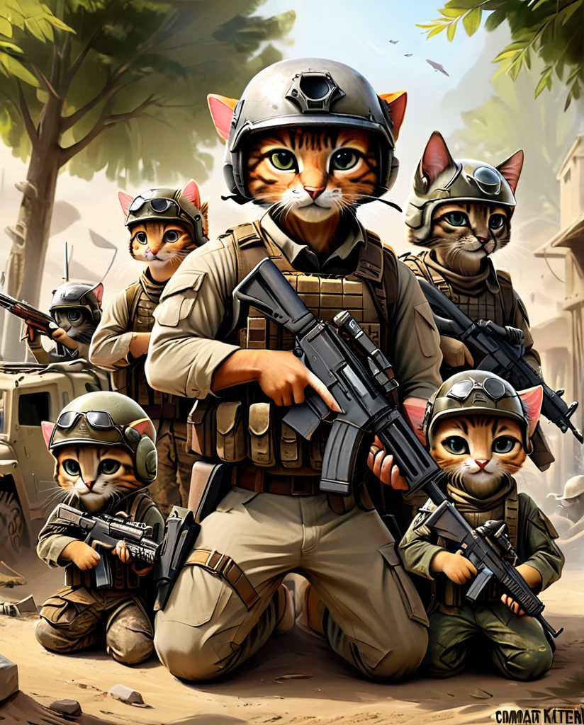 high quality　Combat training kitten(Personification)　He has a rifle.　wearing a helmet　Together with friends
