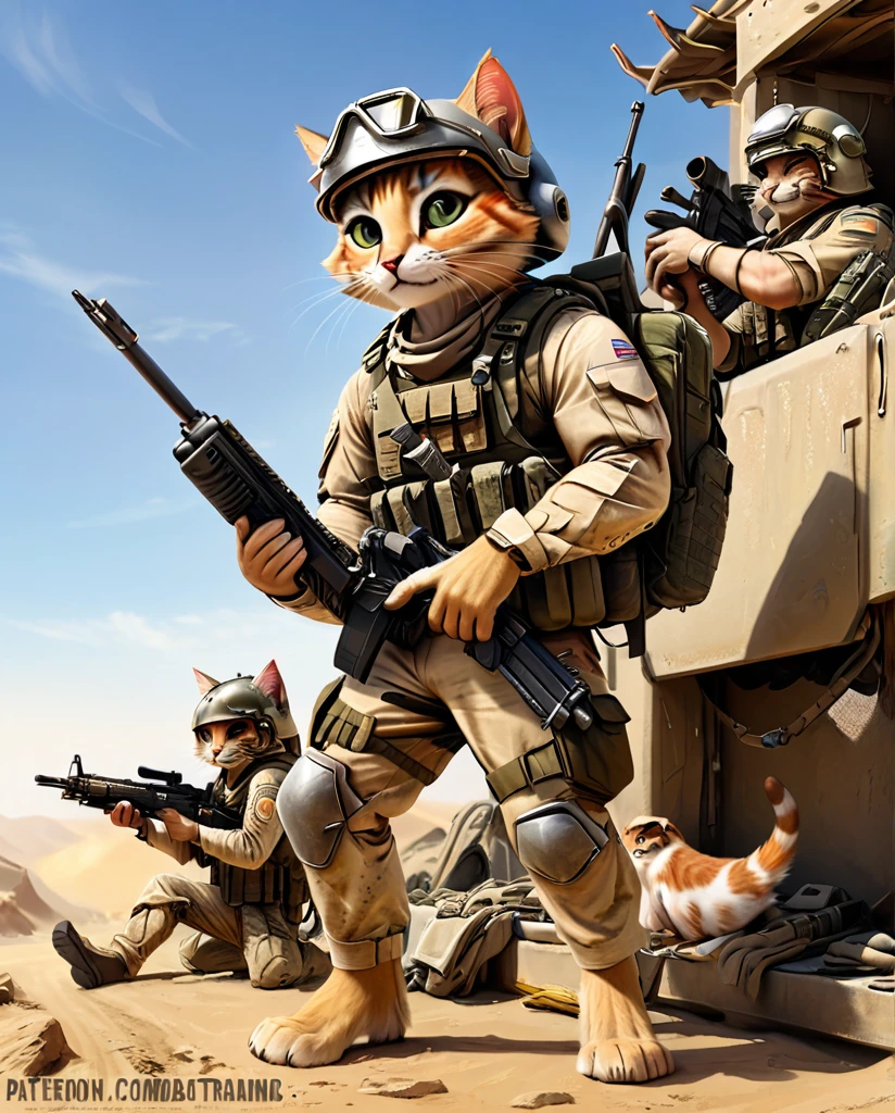 high quality Combat training kitten(Personification) He has a rifle. wearing a helmet Together with friends