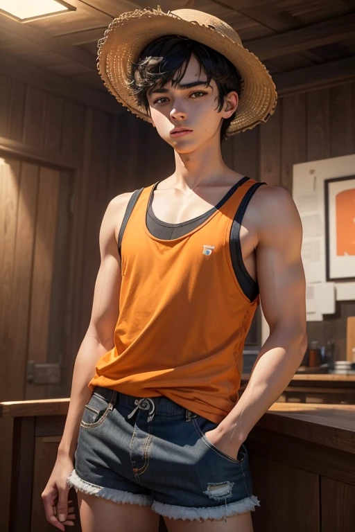 a 17 year old cute and adorable boy, 1.50 height, black hair, wearing sleeveless orange and white striped shirt, orange shorts, also carrying a big blue hat with an x in the middle, detailed portrait, beautiful detailed eyes, beautiful detailed lips, extremely detailed eyes and face, long eyelashes, (best quality,4k,8k,highres,masterpiece:1.2),ultra-detailed,(realistic,photorealistic,photo-realistic:1.37),HDR,studio lighting,extreme detail description,professional,vivid colors