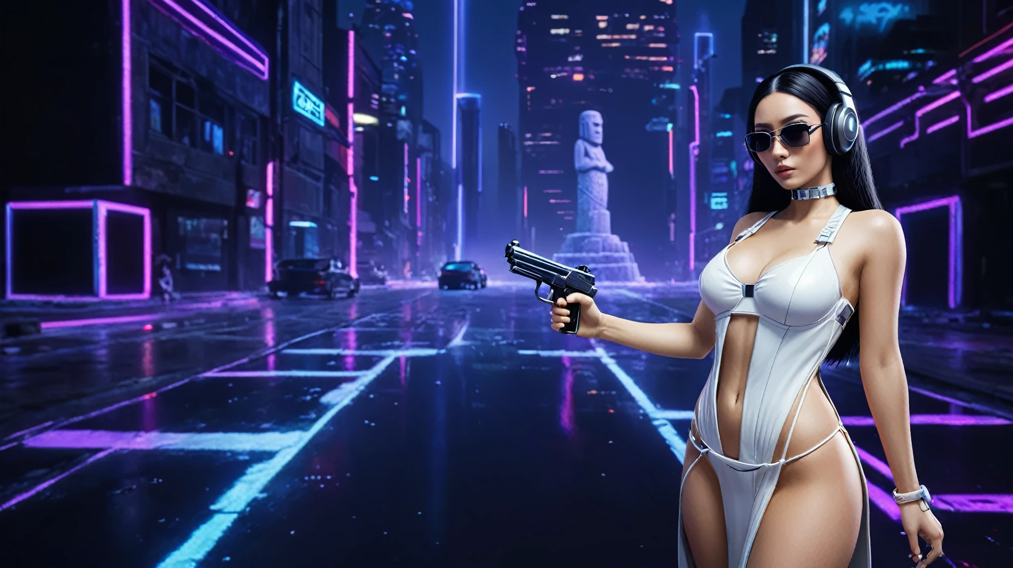 At night, dark sky, distant shot aerial view of fantasy cyberpunk style ice ((Moai-statue)) city, ((flying car)). ((1girl, solo, alone)), medium-breast:1.1 slim body, cleavage, sexy clothes, (headphone, black sunglasses, long black realistic hair), (((hip-up standing and holding pistol))), half-body thigh level medium shot, cinematic lighting.