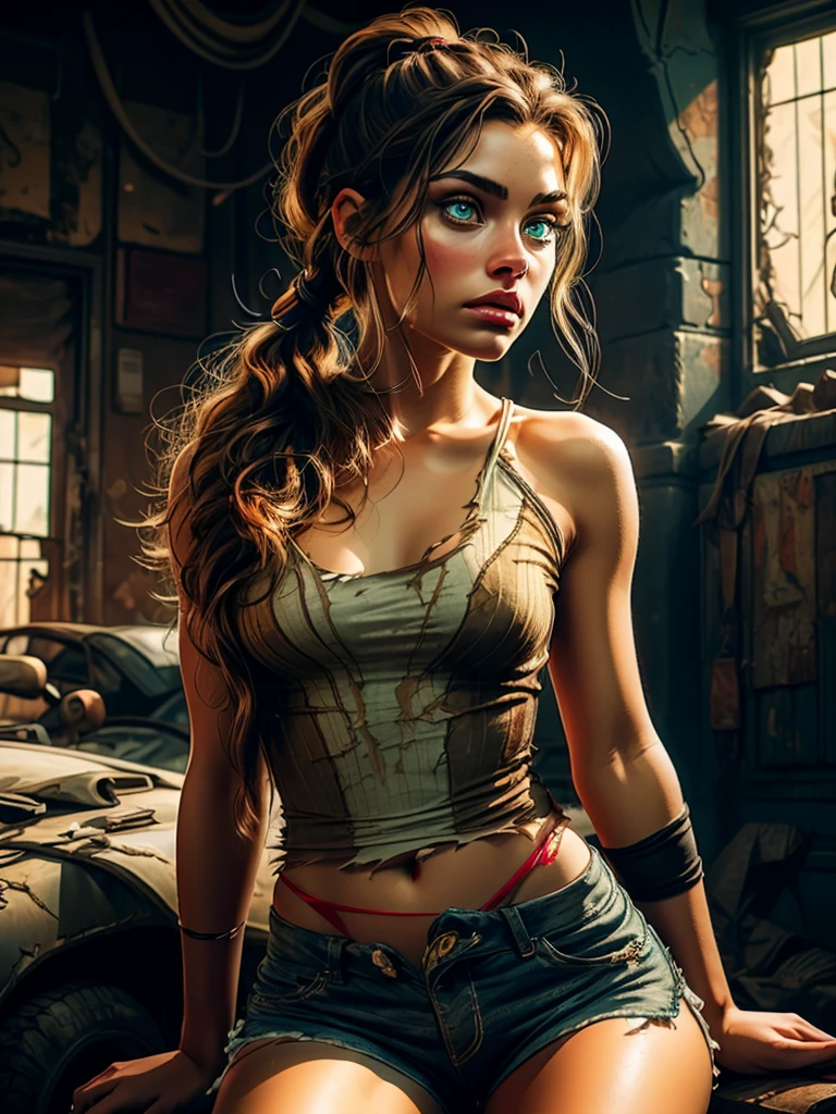 (best quality:1.4),masterpiece,ultra-detailed,delicate features,delicate skin,realism,beautiful lighting,cowboy shot,1girl,brown hair, pony tail,green eyes ,tareme, big , long hair,tanned skin, pink torn top, torn shorts, wasteland, laura croft,  sultry look, seductive,
