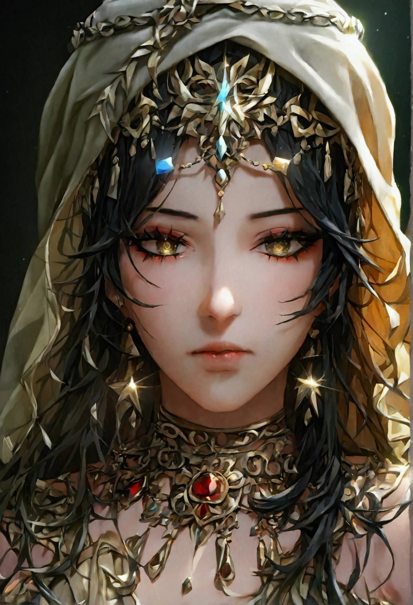 1girl, solo, stelle (honkai: star rail), upper body, looking down, eyeliner, solid ees, sharp eyes, herat-shaped pupils, emotionless, disgusted face, disgusted eyes, very long hair, belly dancer outfit, turban, brancer, brooch, neck ring, circlet, bridal gautles, (crop top), veil, mouth veil, pelvic curtain, stomach, sash, thighlet, dancer, black background, perfect face, perfect hands, perfect fingers, non human fingers, perfect design, perfect detailed eyes, beautiful detailed eyes, top quality, best quality, masterpiece, detailed outfit, super detailed, ultra detailed, highly detailed, cinematic lighting, perfect anatomy, CG:1.9, ultra detailed:1.9, ultra-detailed:1.9, high resolution:1.9, high res:1.9, absurdres:1.9, masterpiece:2, high quality:2, best quality:2, (ultra-detailed), (illustration), (disheveled hair), (beautiful detailed eyes), beautiful, amazing, detailed eyes, (masterpiece), best quality, ((ultra-detailed)), ((an extremely detailed and delicate)), (8k cg wallpaper), (stunning art), ((illustration))