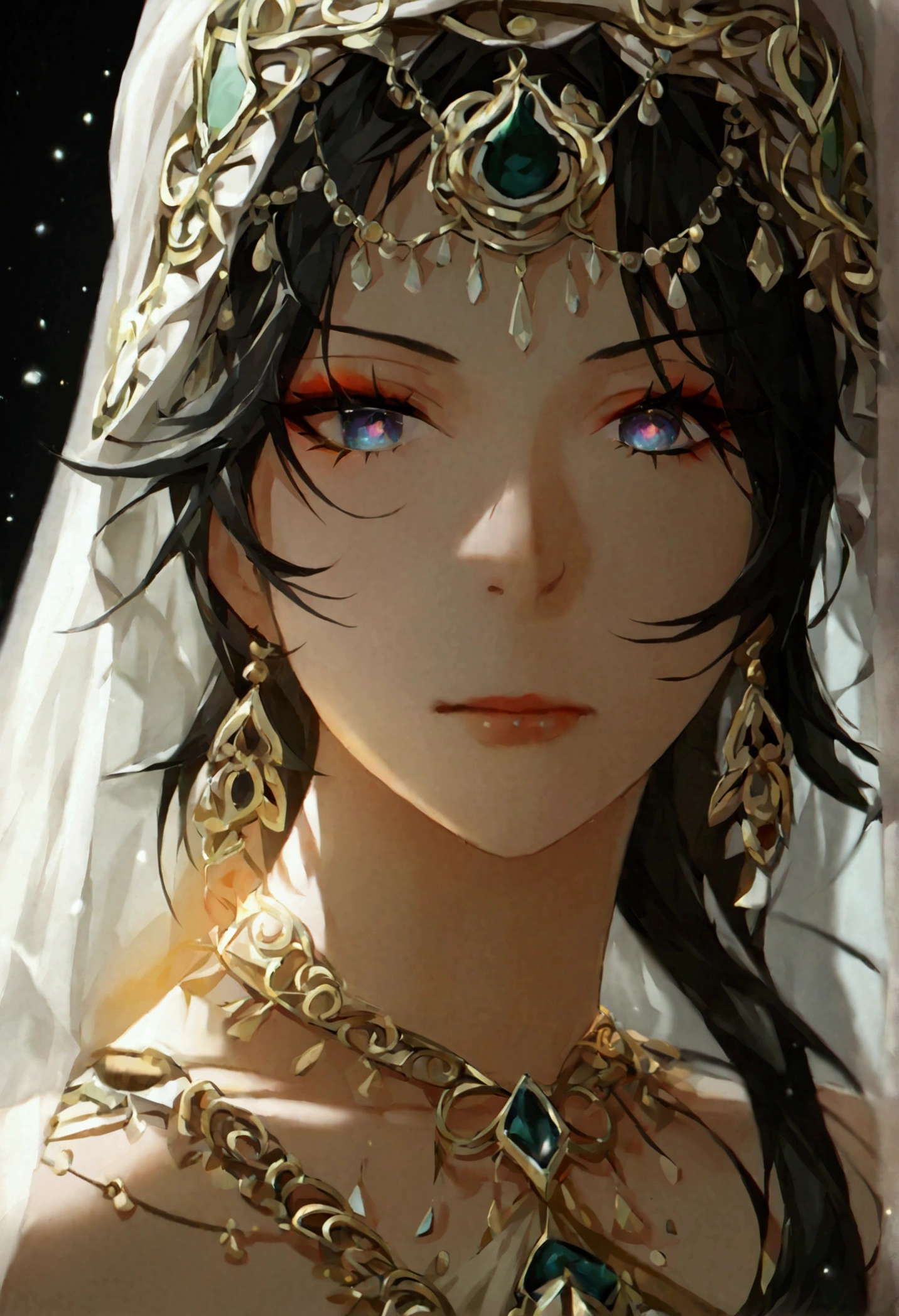 1girl, solo, stelle (honkai: star rail), upper body, looking down, eyeliner, solid ees, sharp eyes, herat-shaped pupils, emotionless, disgusted face, disgusted eyes, very long hair, belly dancer outfit, turban, brancer, brooch, neck ring, circlet, bridal gautles, (crop top), veil, mouth veil, pelvic curtain, stomach, sash, thighlet, dancer, black background, perfect face, perfect hands, perfect fingers, non human fingers, perfect design, perfect detailed eyes, beautiful detailed eyes, top quality, best quality, masterpiece, detailed outfit, super detailed, ultra detailed, highly detailed, cinematic lighting, perfect anatomy, CG:1.9, ultra detailed:1.9, ultra-detailed:1.9, high resolution:1.9, high res:1.9, absurdres:1.9, masterpiece:2, high quality:2, best quality:2, (ultra-detailed), (illustration), (disheveled hair), (beautiful detailed eyes), beautiful, amazing, detailed eyes, (masterpiece), best quality, ((ultra-detailed)), ((an extremely detailed and delicate)), (8k cg wallpaper), (stunning art), ((illustration))