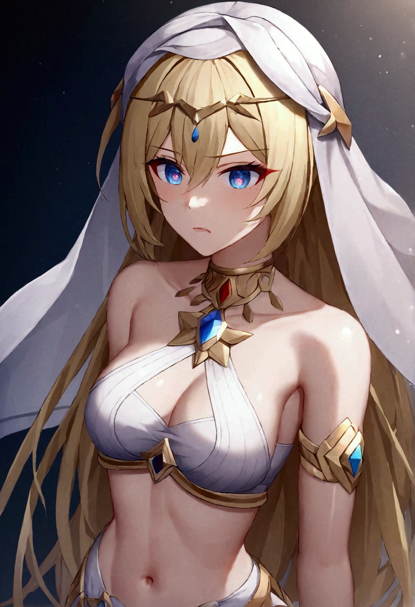 1girl, solo, stelle (honkai: star rail), upper body, looking down, eyeliner, solid ees, sharp eyes, herat-shaped pupils, emotionless, disgusted face, disgusted eyes, very long hair, belly dancer outfit, turban, brancer, brooch, neck ring, circlet, bridal gautles, (crop top), veil, mouth veil, pelvic curtain, stomach, sash, thighlet, dancer, black background, perfect face, perfect hands, perfect fingers, non human fingers, perfect design, perfect detailed eyes, beautiful detailed eyes, top quality, best quality, masterpiece, detailed outfit, super detailed, ultra detailed, highly detailed, cinematic lighting, perfect anatomy, CG:1.9, ultra detailed:1.9, ultra-detailed:1.9, high resolution:1.9, high res:1.9, absurdres:1.9, masterpiece:2, high quality:2, best quality:2, (ultra-detailed), (illustration), (disheveled hair), (beautiful detailed eyes), beautiful, amazing, detailed eyes, (masterpiece), best quality, ((ultra-detailed)), ((an extremely detailed and delicate)), (8k cg wallpaper), (stunning art), ((illustration))