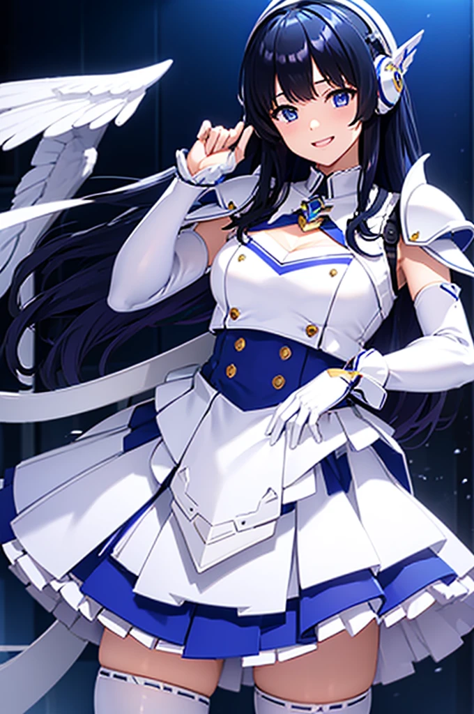 Mecha Wings、White and blue skirt、Accentuated thighs、White tights、chest、Beautiful black hair、1 girl、solo girl、Thick thighs、is、Frame Arms Girl、Alice Gere Aegis、White Armor、Blue and purple lines、income、headphone、hand on own chest、smile、idol costume