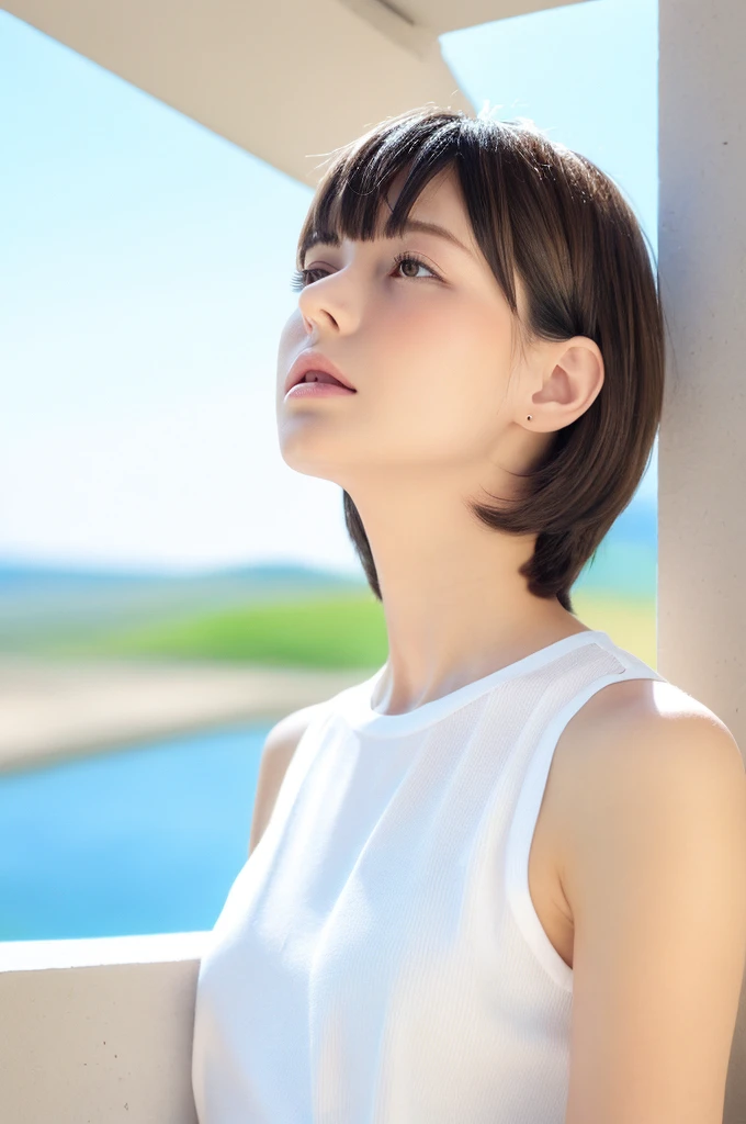 {{a extremely delicate and beautiful girl}}, {{extremely delicate and beautiful girl}}, {{{soft focus}}}, {{{perfect details}}}, {{{detailed and beautiful}}}, close shot, looking away, depthoffield, look up to, beautiful detailed fullbody, longuette, {{{woman}}}, young, very short hair, spiked hair, wept bangs, grey hair, Perfect face, ?, detailed beautiful eyes, white skin, piercing, harajuku fashion, sleeveless shirt, open clothes, landscapes, white background, blurry background, cinematic lighting, flowing transparent white, {{{best masterpiece}}}, {{{best quality}}}, {{{extremely detailed 8K wallpaper}}},