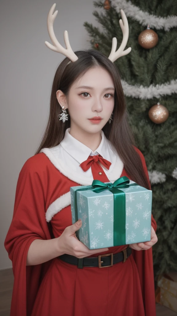 realistic,score_9, score_8_up, score_7_up,
Hyperrealism,illumination, 1girl, stand, upper body, pantyhose, simple background, big breasts, from front,wood Elk antlers,Christmas costume, Christmas earrings,Christmas tree,holding Christmas gift,white hairs
