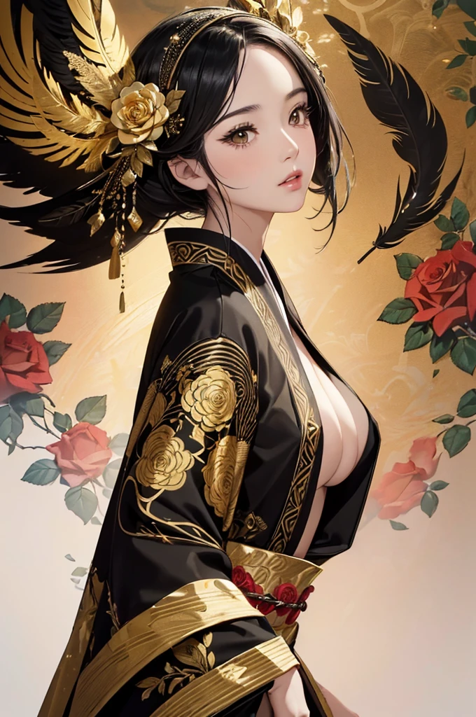 Staring straight ahead,Facing forward,front facing portrait((Highly detailed CG unit 8k wallpaper, masterpiece, High resolution, highest quality, highest qualityのリアルテクスチャスキン)), ((very beautiful woman, :1.5, plump lips, Japanese pattern haori)), (messy black hair, white skin, small breasts), ((and handle background, Colorful background with roses and feathers、Gold and black warm color)), hyper realistic, digital painting, concept art,black&Gold Kimono,Girl looking straight ahead,sexy,front facing body looking up,comprehensive
