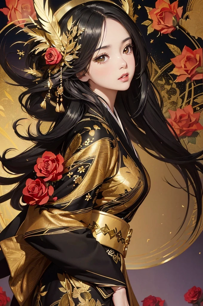 Staring straight ahead，Facing forward,front facing portrait((Highly detailed CG unit 8k wallpaper, masterpiece, High resolution, highest quality, highest qualityのリアルテクスチャスキン)), ((very beautiful woman,  :1.5, plump lips, Japanese pattern haori)), (messy black hair, white skin, small breasts), ((and handle background, Colorful background with roses and feathers、Gold and black warm color)),  hyper realistic, digital painting, concept art,black&Gold Kimono,Girl looking straight ahead,sexy,front facing body looking up，comprehensive