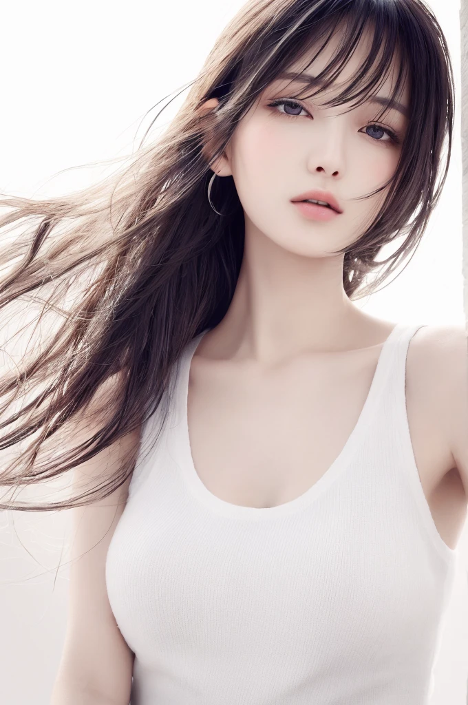 {{a extremely delicate and beautiful girl}}, {{extremely delicate and beautiful girl}}, {{{soft focus}}}, {{{perfect details}}}, {{{detailed and beautiful}}}, close shot, looking away, depthoffield, look up to, beautiful detailed fullbody, longuette, {{{woman}}}, young, Long hair, spiked hair, wept bangs, grey hair, Perfect face, ?, detailed beautiful eyes, white skin, piercing, harajuku fashion, sleeveless shirt, open clothes, landscapes, white background, blurry background, cinematic lighting, flowing transparent white, {{{best masterpiece}}}, {{{best quality}}}, {{{extremely detailed 8K wallpaper}}},