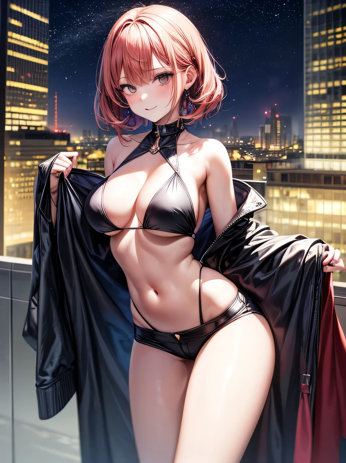 Anime girl, girl in gorgeous outfit, micro shorts, satin shorts, thong, night out, lights from the city, looking cute, looking gorgeous, hourglass body, perfect size ass, perfect size breasts slightly poking from the side, side boob, dress in random color, picture till her knees, anime settings, open eyes, perfect face, red hair, in a shimmering sapphire dress, rooftop party setting, starry night sky, glowing city below, an air of sophistication and elegance, serene yet exhilarating ambiance, Photography, shot with a 50mm lens for a dreamy effect
