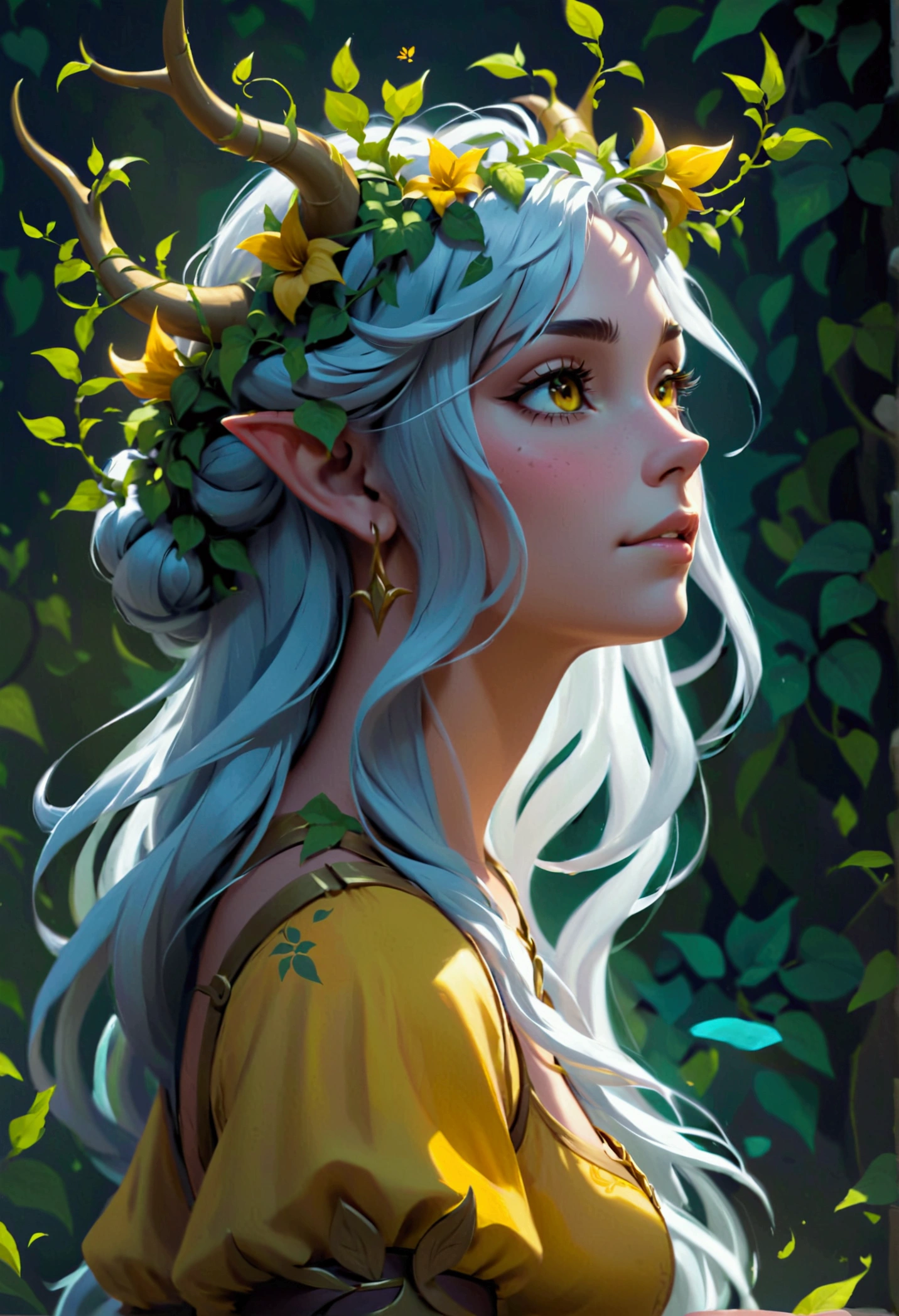 simple style, valorant style,haracter concept art, yellow medieval summer girl, concept, vines on the hand and horns from vines, full body