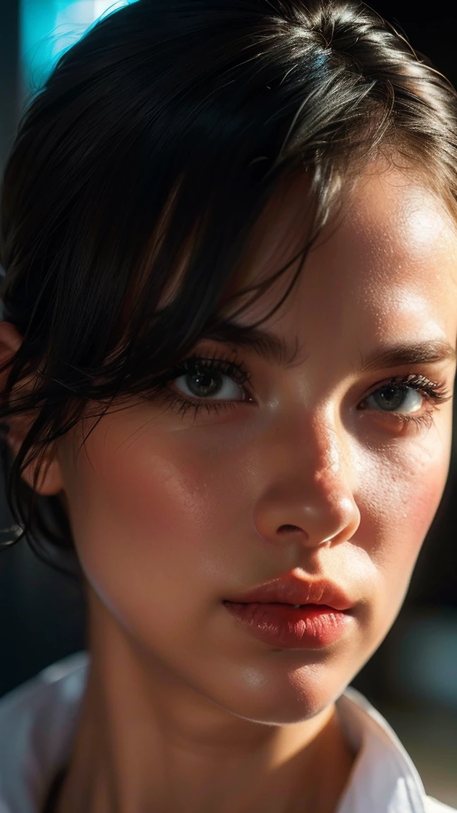 (((ultra realistic))) photo, head of'artwork, Superior quality, (pale skin), (Visage et yeux Ultra detaileds:1.2), sparkling eyes, 1 fille, soutien-gorge, near the window,sundes rayons on face, (Maquillage pour les yeux, mascara) , ((Dark wavy hair)) , ((Elegant hairstyle)) , (medium sized natural tits), (A slight smile), ((posing)), Photo shoot, studio (contour lighting), (The play of light and'shadows), depth of field, bokeh, (attention particulière aux détails de la peau: 1.2), Detailed leather texture, pores on skin. ( color palette - black, gray, Ashy, yellow tones)), ((grain de film, Effet VHS)), ((des rayons)) , ((high waisted portrait, near the camera)) , Ultra detailed,