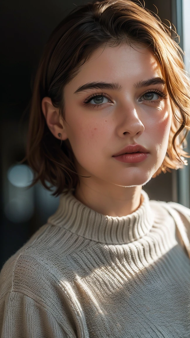 (((ultra realistic))) photo, head of&#39;artwork, Superior quality, (pale skin), (Visage et yeux Ultra detaileds:1.2), sparkling eyes,  1 fille, soutien-gorge, near the window,sundes rayons on face, (Maquillage pour les yeux, mascara) , ((Dark wavy hair)) , ((Elegant hairstyle)) , (medium sized natural tits), (A slight smile), ((posing)), Photo shoot, studio (contour lighting), (The play of light and&#39;shadows), depth of ﬁeld, bokeh, (attention particulière aux détails de la peau: 1.2), Detailed leather texture, pores on skin. ( color palette - black, gray, Ashy, yellow tones)), ((grain de film, Effet VHS)), ((des rayons)) , ((high waisted portrait, near the camera)) , Ultra detailed, 