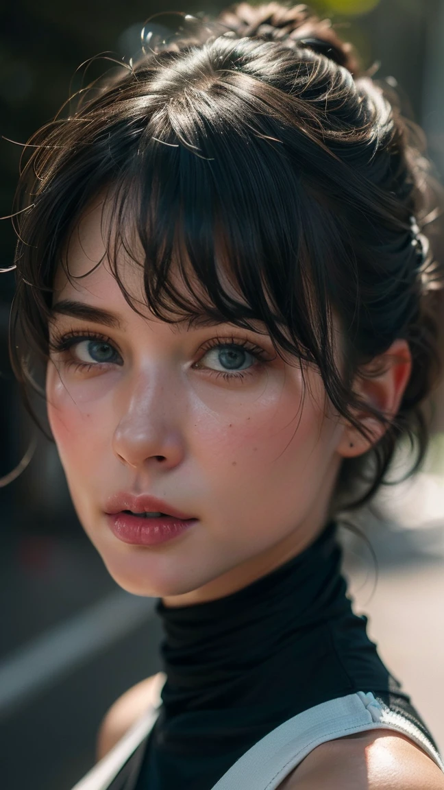 (((ultra realistic))) photo, head of'artwork, Superior quality, (pale skin), (Visage et yeux Ultra detaileds:1.2), sparkling eyes, 1 fille, soutien-gorge, near the window,sundes rayons on face, (Maquillage pour les yeux, mascara) , ((Dark wavy hair)) , ((Elegant hairstyle)) , (medium sized natural tits), (A slight smile), ((posing)), Photo shoot, studio (contour lighting), (The play of light and'shadows), depth of field, bokeh, (attention particulière aux détails de la peau: 1.2), Detailed leather texture, pores on skin. ( color palette - black, gray, Ashy, yellow tones)), ((grain de film, Effet VHS)), ((des rayons)) , ((high waisted portrait, near the camera)) , Ultra detailed,