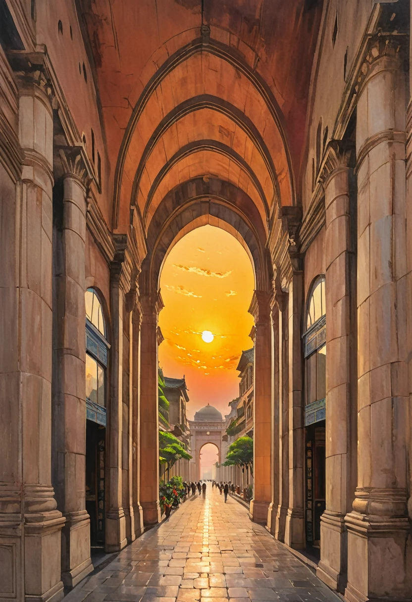莫奈风格painting,painting,painting 拱道s in a building with a sunset in the background, giant majestic archways, Huge arches, giant archway